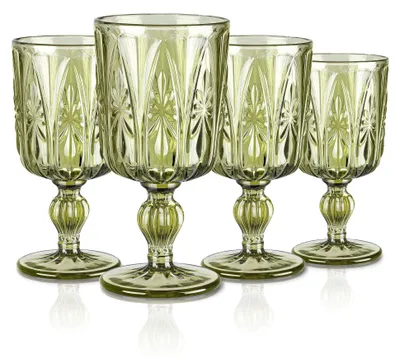 Weingläser Set 4er, 300 ml, grün, Vintage Relief, Kelch