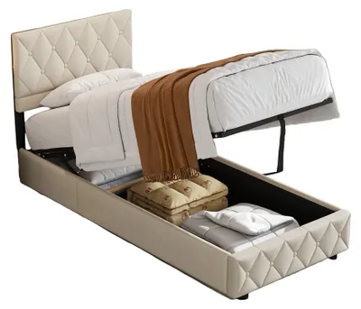 Immagine prodotto di Letto con rete a molle - Letto con contenitore - Divano letto - Letto contenitore - Testiera per letto - 90x190 cm, color beige