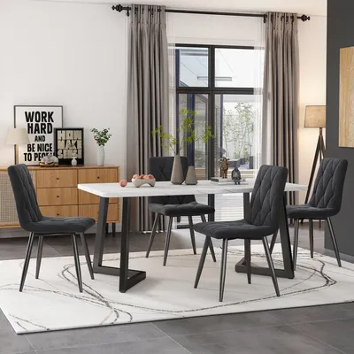 Obrázek produktu pro MODFU jídelna s jídelním stolem 117 × 68 cm a 4 židlemi (5 ks) pro 4 osoby, jídelní stůl obdélníkový jídelní stůl kuchyňský stůl se sametovou jídelní židlí pro domácnost, ložnici, obývací pokoj, tmavě šedá a černá barva