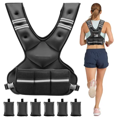 Image de Gilet lesté - Gilet d'entraînement réglable - 6 sacs de lest de 0,9 kg chacun (5,4 kg au total) - Design en forme de X avec bandes réfléchissantes - Sangles avec boucles - Idéal pour l'entraînement de la force et la course à pied - Noir