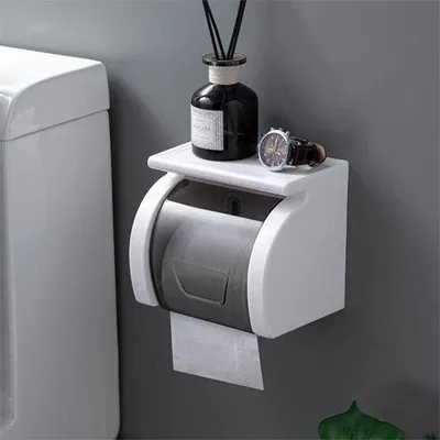 Image de Porte-rouleau de papier toilette étanche avec socle, autocollant, à fixation murale, pour salle de bains et cuisine, blanc