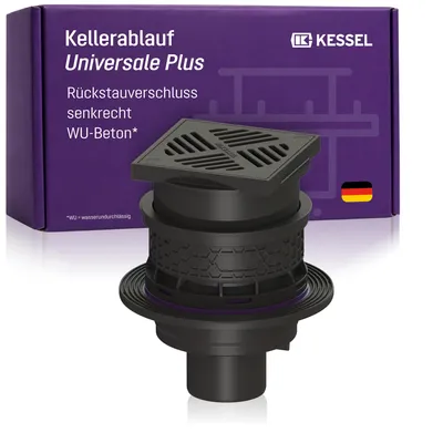 Produktbild von KESSEL Kellerablauf Universale Plus DN 100 senkrecht Kunststoff schwarz WU Typ 5, Premium-Bodenablauf druckwasserdicht 0,6 bar radondicht, EN 1253