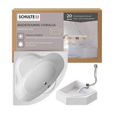 A product shot of a bathtub and its components, presented with marketing text and graphics on a cardboard box.