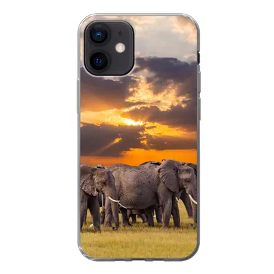Produktbild von MuchoWow® Handyhülle Schutzhülle Hülle für iPhone 12 Elefant - Tiere - Gras - Sonnenuntergang - Natur Silikon Softcase Handy Hülle - Schutzhülle