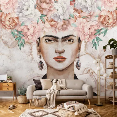 Produktbild von Vlies Fototapete Bumen Frida Kahlo Marmor (254x184cm - 2 Bahnen) Kunst rosa gold Pflanzen Wohnzimmer Schlafzimmer Wandtapete Modern Tapete Latexdruck UV-Beständig Geruchsfrei Hohe Auflösung Montagefertig