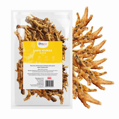 A package of dried chicken feet for dogs, with a portion of the product spilling out and shown next to the package.