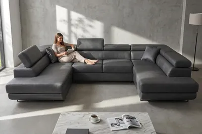 Produktbild von Ecksofa SAVIO BIG Boston – mit Schlaffunktion, Velours/Kunstleder in Grau, Family Meble, KI-generiertes Bild