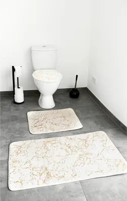 Produktbild von Almina Elite 3 teiliges Badematten-Set mit Marmormuster Rutschfest und Waschbar aus Polyester Creme