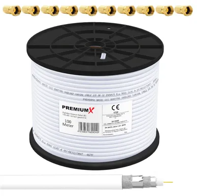 Produktbild von PremiumX 100m BASIC Koaxialkabel 135dB 4-fach SAT Koax Kabel 10x F-Stecker