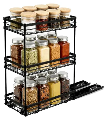 Produktbild von Ausziehbares Gewürzregal, 3 Etagen Gewürzorganizer, ohne Bohren, Schwarz Metall 40,5 cm x 15 cm x 26 cm, Gewürzregal mit Schublade, Küchenorganizer für Schränke