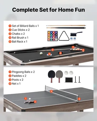 Imagen del producto de VEVOR, juego de mesa de billar combinado de 214 cm, mesa de billar multifuncional 3 en 1 con mesa de comedor y mesa de ping-pong, 2 bancos para almacenamiento y accesorios, incluyendo soporte para bolas y tacos, cepillo para tiza, ideal para el tiempo de ocio familiar, 214 cm, color gris