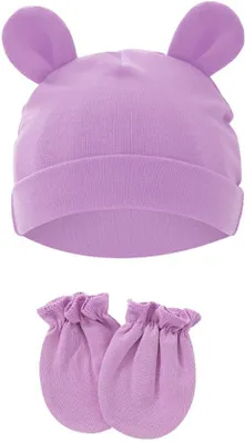 Immagine prodotto di Set di cappellini per neonati con paraorecchie, auricolari in cotone con funzione anti-rumore, per bambini da 0 a 1 anno, circonferenza testa 15,5 cm, viola
