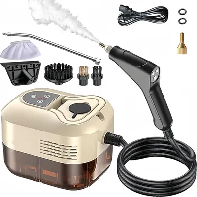 A steam cleaner and its accessories are arranged on a white background.