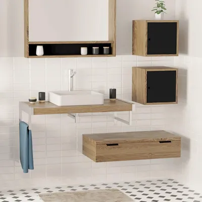 Image de Meuble salle de bain suspendu IRON 88 cm chêne naturel massif avec 1 tiroir - Meuble vasque