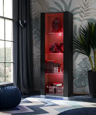 Produktbild von Komodee | Vitrine Schrank Tivoli mit 3 Regalböden, Korpus Schwarz Matt Frontfarbe Schwarz Matt, LED RGB