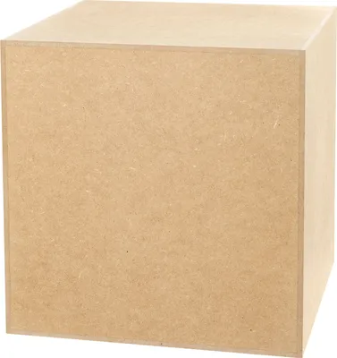 A plain, unpainted MDF cube is shown from a slight angle against a white background.