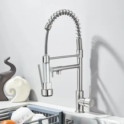 Immagine prodotto di Miscelatore per cucina - Miscelatore per lavello - Doccetta estraibile - Montaggio rapido - Monocomando - Acciaio inossidabile 304 - Acqua calda/fredda - Finitura in nichel spazzolato