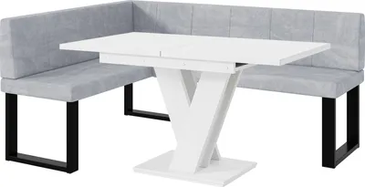 Produktbild von MEBLINI Eckbank für Esszimmer mit ausziehbarem Tisch - Küchenbank - Essecke - Sitzecke Küche - PETER - U-Beine 128x168x87cm Links - Hellgrau Samt/M Weiß Matt