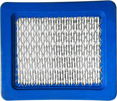 A top-down view of a blue and white air filter.