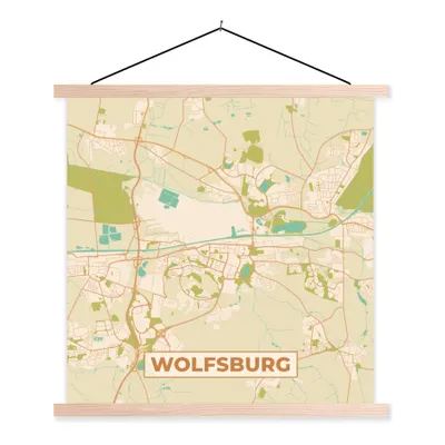 Produktbild von MuchoWow® Textilposter Wolfsburg - Karte - Stadtplan - Vintage 120x120 cm mit holzfarbenen Rahmen - Textil-Poster