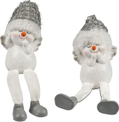 Produktbild von formano 2 Stück Schneemann mit Mütze und Hängebeinen Deko Figuren aus Keramik  gefertigt und handbemalt