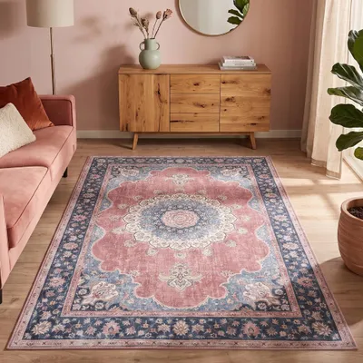 Produktbild von Volero - Teppich Vintage - Lily Medaillon Rot Rosa - 80x150 cm - Wohnzimmer, Esszimmer, Schlafzimmer - Klassik
