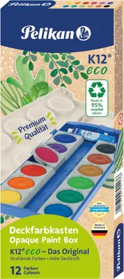 Produktbild von Deckfarbkasten K12 eco - 12 Farben + Deckweiß weiß/hellblau. Packung mit 5 Stück
