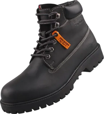 Auf dem Bild ist ein schwarzer Stiefel zu sehen der seitlich abgebildet ist. Der Stiefel hat eine glatte Oberfläche und eine üppige Sohle.