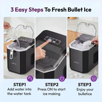 Produktbild von Eiswürfelmaschine Tischgerät - Tragbarer Eiswürfelbereiter - Selbstreinigung - 9 Eiswürfel in 6 Minuten - 12 kg/24 h - 1,2 l Wassertank - Leise <43 dB - Schwarz