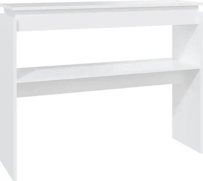 A white console table with two shelves against a white background.