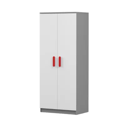 Produktbild von Drehtürenschrank JONAS 06 – Kinderschrank 80 cm Grau/Weiß mit roten Griffen