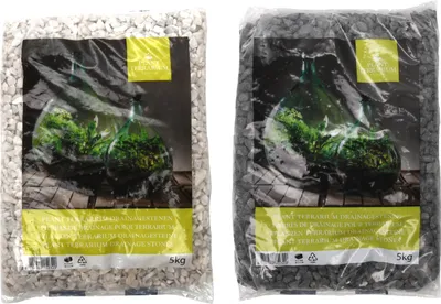 Two bags of decorative stones for terrariums, one light gray and one dark gray.