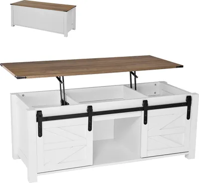 A white lift-top coffee table with a brown wood top and sliding barn doors is shown.