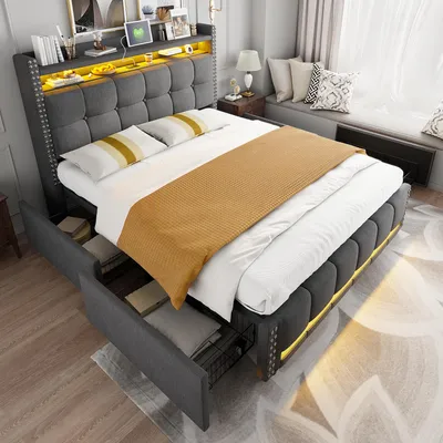 Produktbild von Polsterbett 160 x 200 cm mit LED-Beleuchtung, USB-Anschluss, Kopfteil mit Ablagen und 4 Schubladen, Doppelbett, Erwachsenenbett, Grau, Leinenstoff