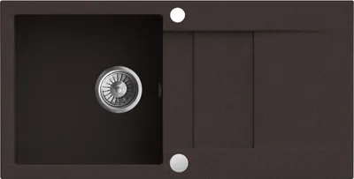 A top-down view of a dark brown kitchen sink with a silver drain.
