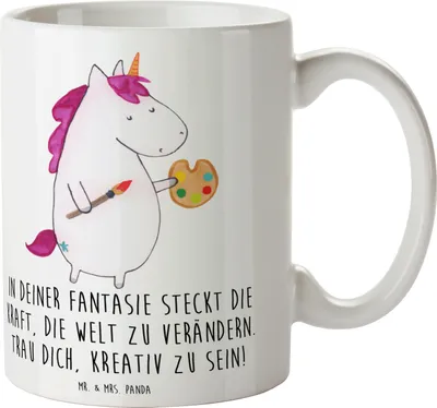 Produktbild von Mr. & Mrs. Panda Kaffeebecher Die Freude an der Kreativität entdecken - Weiß - Geschenk, Teetasse, traue dich, Zuversicht, Ermutigung, Tasse, handgefertigt, Fantasie