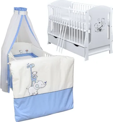 Produktbild von Baby-Delux Babybett Kinderbett Lia 120x60 Teddy Wippe Weiß inkl. Schublade Bettset Komplett Zirkus Blau Schaumstoffmatratze