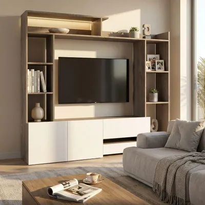 Immagine prodotto di Milani Home - parete attrezzata soggiorno con porta TV e pensili, bianco rovere, 180 x 28/40 x 165 cm