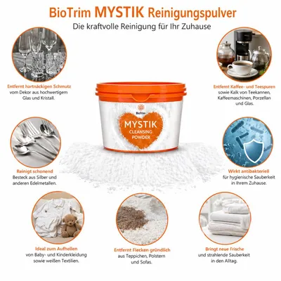 Produktbild von BioTrim MYSTIK Reinigungspulver, 160 g – vielseitige Tiefenreinigung für Geschirr, Besteck und weiße Wäsche