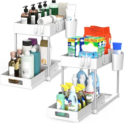 Produktbild von Ablageregal Arbeitsplatte Badezimmer Schubladen Küchen Organizer Regal 2 Ebenen Multifunktionales Spülschrankregal mit Ausziehbare Schublade, 2-tlg