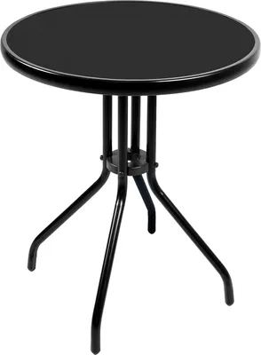 A black round table with a glass top and metal legs, shown from a slightly elevated angle against a white background.