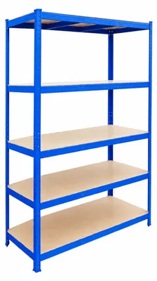 Obrázek produktu pro Relaxdays, regál pro těžké náklady, rozměry (v x š x h): 200 x 120 x 50 cm, nosnost 875 kg, 5 úrovní, regál do sklepa, montáž bez šroubů, barva: modrá/hnědá