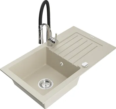 Image de Mexen Pablo évier en granit 1 bac avec égouttoir et mélangeur Aster, Beige - 6510-69-73450-07