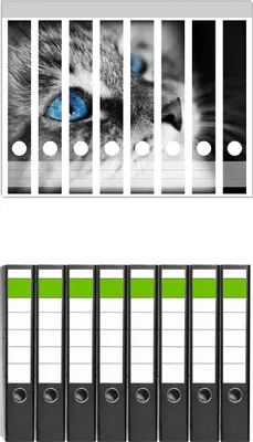Produktbild von Wallario 8 Stück schmale Ordner inkl. Klebeetiketten mit Motive Schwarz-weiß getigerte Katze mit leuchtend blauen Augen -  Set mit Rückenschildern / Ordnerrücken Stickern