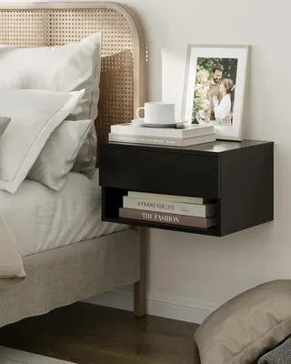 Image de Table de chevet murale - Table de nuit suspendue - Bois - Tiroir coulissant - Compartiment ouvert - Design moderne et minimaliste - 40x29x23 cm - Noir