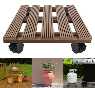 Image de UISEBRT WPC Chariot à plantes carré 30 x 30 cm, charge max. 100 kg, pour l'extérieur et l'intérieur, chariot à fleurs, soucoupe pour pot de fleurs avec roulettes, résistant aux intempéries, aide au transport des plantes, marron