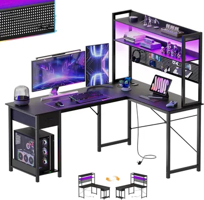 Produktbild von Schreibtisch mit Lochwand – Eckschreibtisch als Arbeitstisch – Organisation für das Homeoffice – Integriertes Steckdosenfeld – 155 x 100 cm – Schwarz