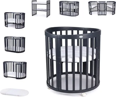 Produktbild von Mobiles Babybett OWAL aus Holz 7in1 mit Matratze, mitwachsend,Ohne Stoffset,Holz graphit