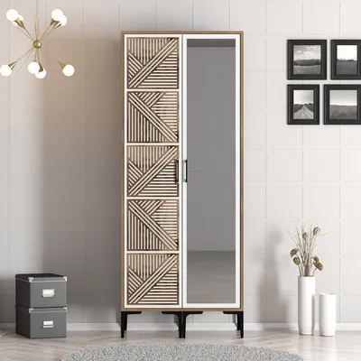 Produktbild von Skye Decor, Kumsal PR - Walnut, White, Kleiderschrank, Nussbaum, 100 % MELAMINBESCHICHTETE SPANPLATTEN, 80 x 201,4 x 47,5 cm