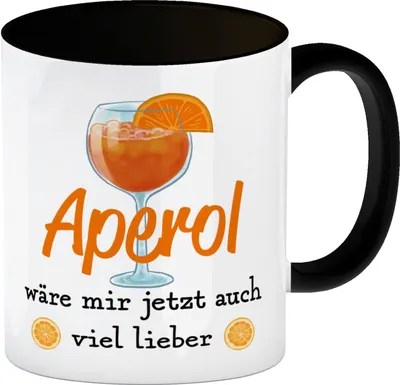 Produktbild von Cocktail Kaffeebecher in schwarz mit Spruch Aperol wäre mir jetzt auch viel